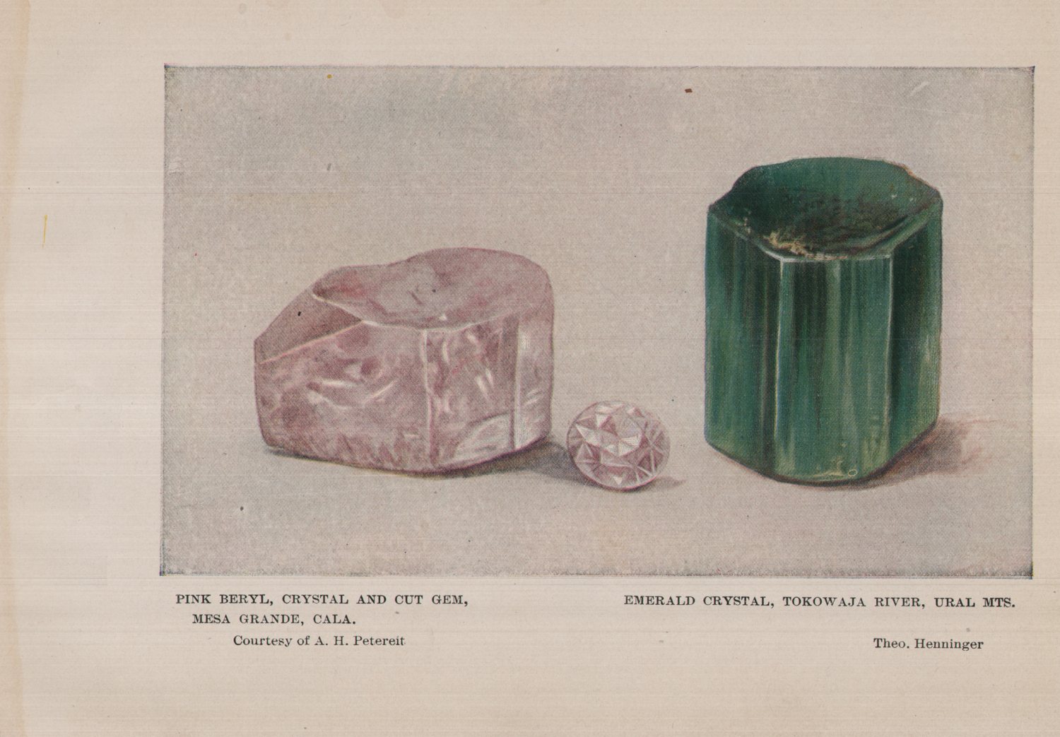 Emerald crystal, Tokowaja River, Ural Mountains. Pink beryl, crystal and cut gem, Mesa Grande, California