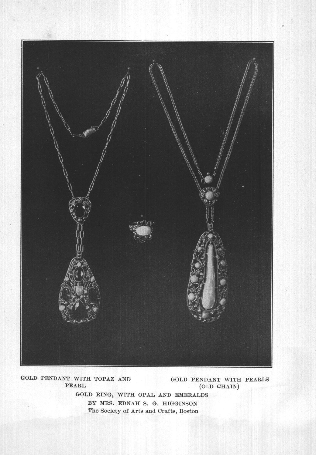 Gold pendants and ring with topaz, pearls, opal, and emeralds, by Mrs. Ednah S. G. Higginson. Society of Arts and Crafts, Boston